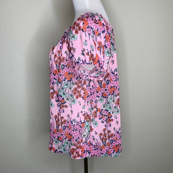 ModCloth Pink Floral Sheer Chiffon Blouse Sz Large Off Shoulder - Picture 3 of 8